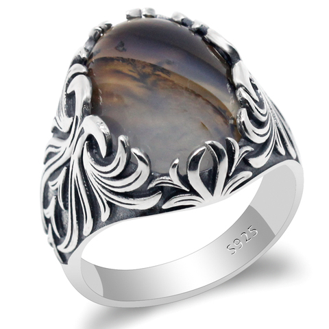 925 Sterling Silver Men's Ring with Big Natural Agate Stone Vintage Punk Thai Silver Ring to Husband Turkish Fine Jewelry Gift ► Photo 1/6