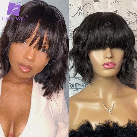 Natural Wave Short Bob Wigs With Bangs Brazilian Remy Human Hair Machine Made O Scalp Top Wig Glueless For Black Women Luffy ► Photo 1/6