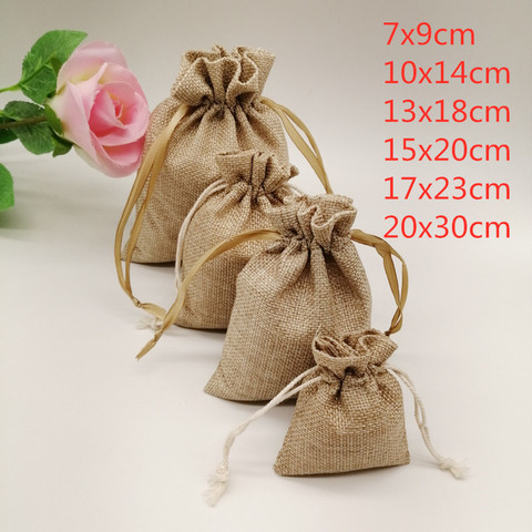 5-20pcs/lot Natural Linen Burlap Bag Jute Gift Bag Drawstring Gift Bags With Handles Gift Packaging Party Favor Candy Bags ► Photo 1/6