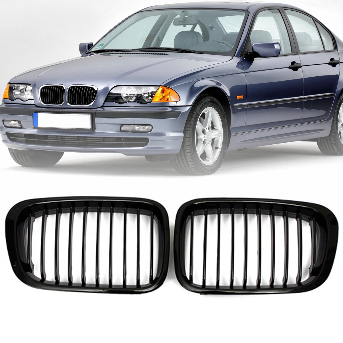 GLOSS BLACK DOUBLE RIMS KIDNEY GRILLE Grill For BMW E46 4D 3 SERIES 1999-2001 