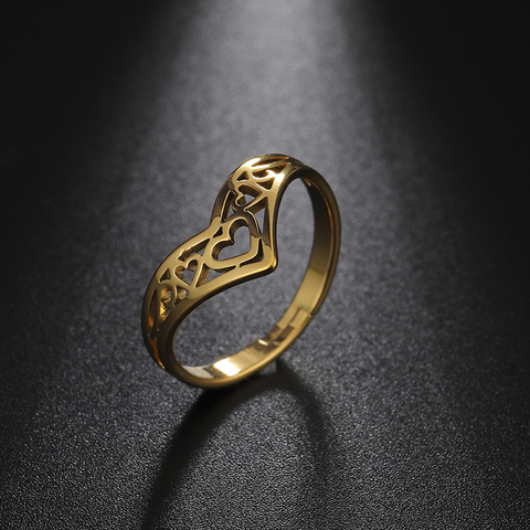 Unift Romantic Stainless Steel Heart Ladies Open Ring Unique V Port Design Eternal Love Finger Rings Couple Engagement Jewelry ► Photo 1/6
