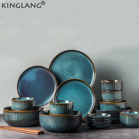 KINGLANG Nordic Blue Tableware Set Kiln Glazed Ceramic Rice Salad Round Dish Dinner Plate Dinnerware Set ► Photo 1/6