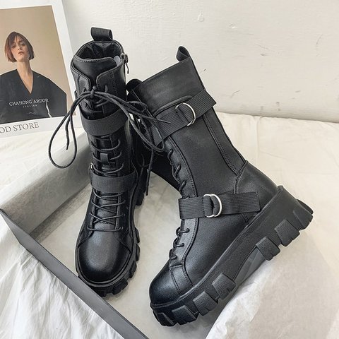 Womens Combat Boots Mid-Calf Boots Winter Punk Leather Boots Woman Zipper Buckle Cross-tied Riding Boot High Heel Botas De Mujer ► Photo 1/6