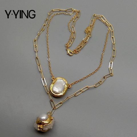 Y·YING Cultured White Pearl White Quartzs Druzy Charm gold color plated Chain Layers statement Necklace 17.5