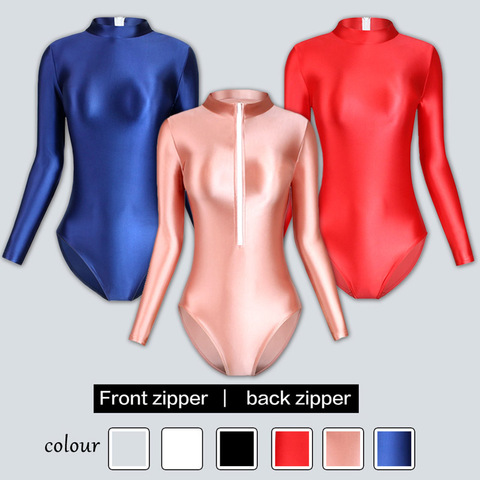 XCKNY One piece swimsuit women sexy tight glossy high fork long sleeve swimsuit solid color T-shirt with crotch ► Photo 1/6