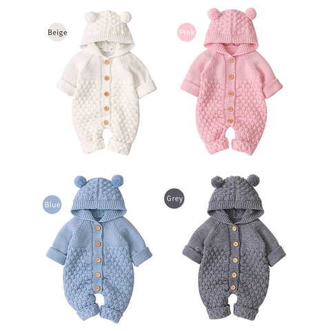 Autumn Winter Newborn Baby Boys Girls Bear Ear Knit Romper Hooded Sweater Jumpsuit Outfit ► Photo 1/5