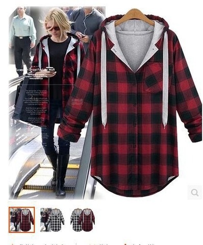 Korean Streetwear Hoodies Oversize Hoodie Womens Hooded Patchwork Chic Plaid Long Sleeve Shirt Casual Button Women Sweatshirt ► Photo 1/6