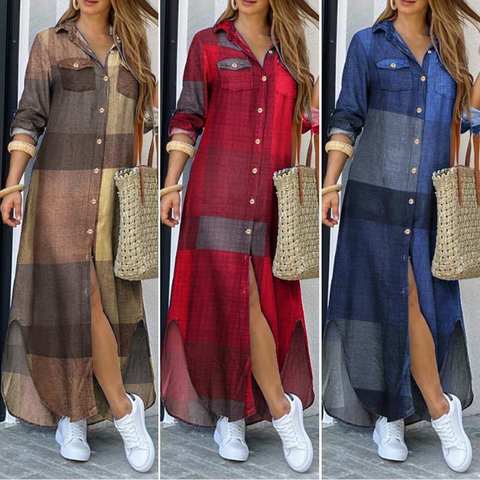 Autumn Elegant Women Maxi Shirt Dresses 2022 ZANZEA Vintage Ladies Long Sleeve Vestidos Casual Plaid Robe Longue Plus Size 5XL ► Photo 1/5