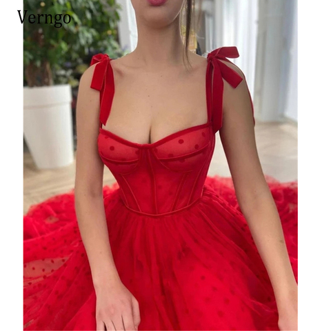 Verngo 2022 Red Polka Dots Tulle A Line Evening Dress Spaghetti Straps Tied Bow Shoulder Tea Length Party Graduation Prom Dress ► Photo 1/6