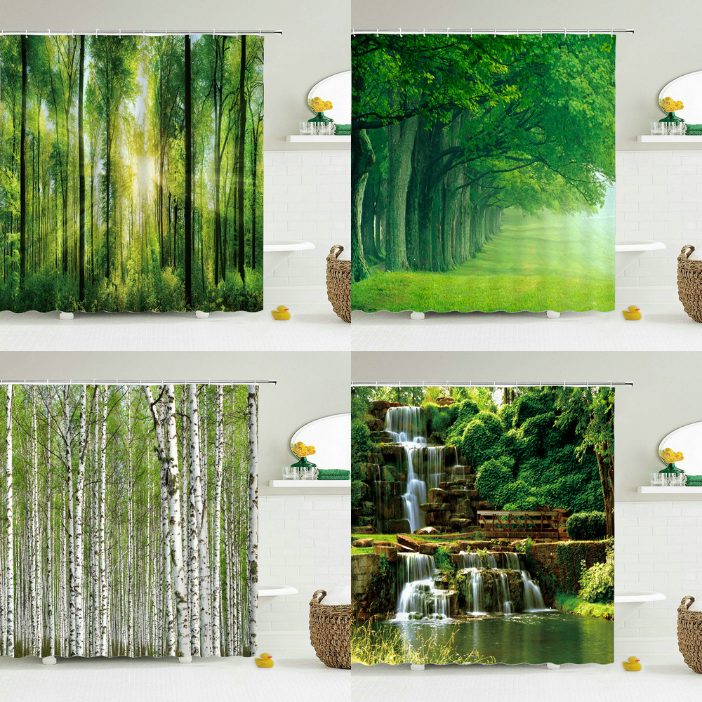 Hooks For Bathroom Waterproof Scenery, Green Forest Shower Curtain