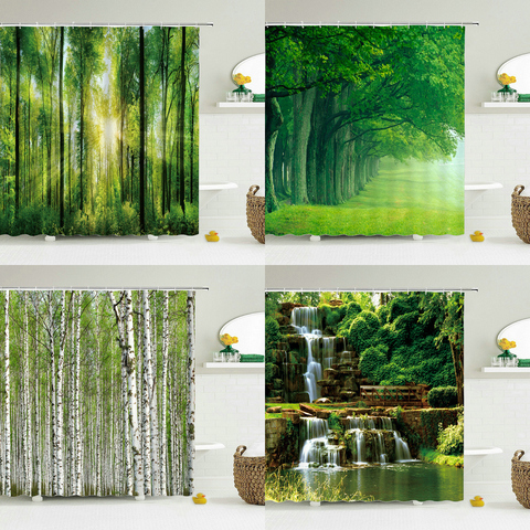 Waterproof Shower Curtain Tree Green Print Scenery Bathroom Decor With Hooks 