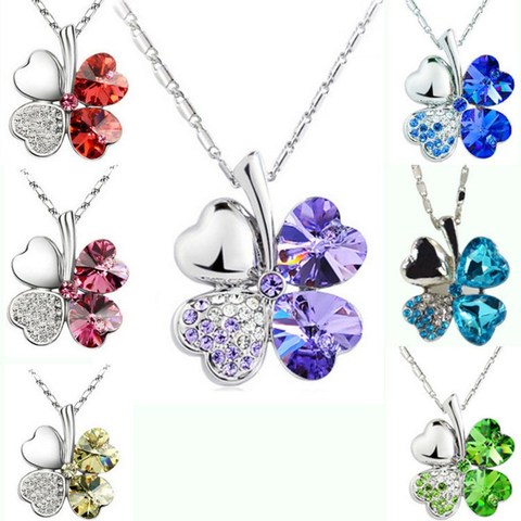 Fashion Charm Female Assembly Jewelry Quality Austrian Silver Plated Crystal Four-Leaf Clover Heart-Shaped Rhinestone Necklace ► Photo 1/6