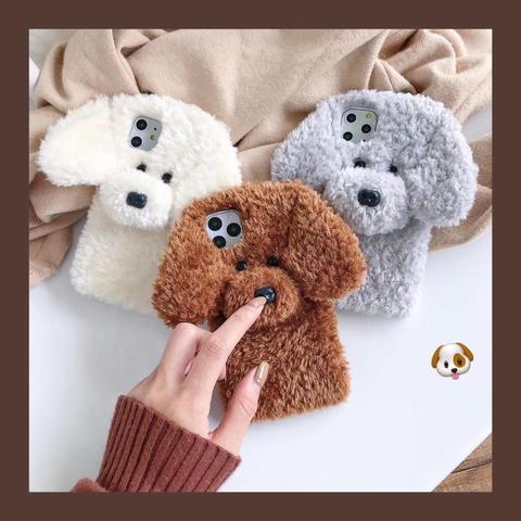 Furry cute brown long-eared dog warm hands in winter plush silicone soft cover for iphone 11Pro MAX XS XR SE2 7 8plus phone case ► Photo 1/6