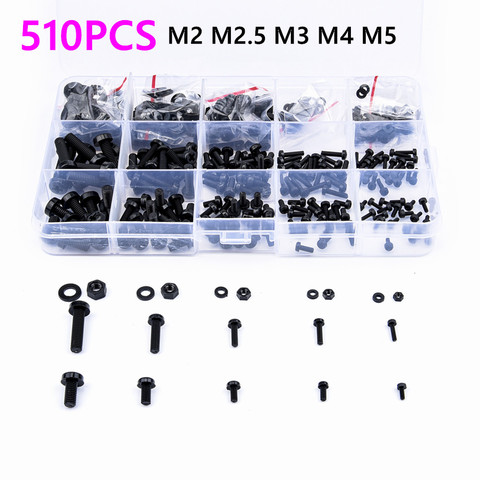 510PCS Metric M2 M2.5 M3 M4 M5 Black Nylon Phillips Pan Head Screws Hex Nut Flat Washer Kit for RC FPV Motor Quadcopter ► Photo 1/6