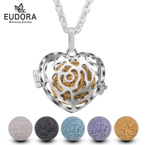 Eudora Rose Heart design Cage Essential Oil Aroma diffuser Pendant Necklace colorful Volcanic lava stone ball or chime ball H164 ► Photo 1/6