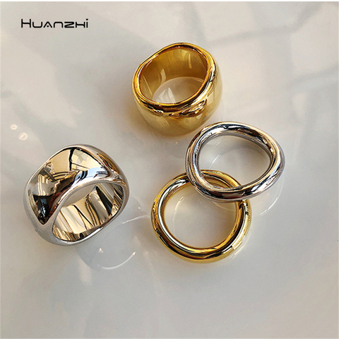 HUANZHI 2022 New Punk Geometry Irregularity Wide Surface Bright Side Gold Rings for Women Girls Gifts Party Jewelry ► Photo 1/6