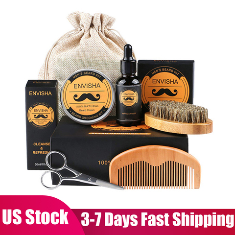 1 Set Men Beard Kit Barba Grooming Set Beard Oil Wax Moustache Brush Blam Comb Essence Hair Styling Scissors Men Beard Set ► Photo 1/6