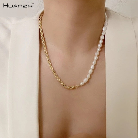 HUANZHI 2022 Trendy Natural Freshwater Baroque Pearls Asymmetry Splicing Metal Chain Chokers Necklaces for Women Party Jewelry ► Photo 1/6