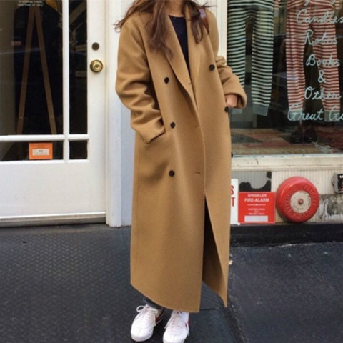 Korea Women Autumn Winter Double Breasted Long Wool Coat Ladies