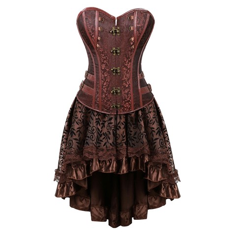 Steampunk Floral Corset Dress Women Gothic PU Leather Corset Bustier With Burlesque Skirt Set Halloween Pirate Costume Brown ► Photo 1/6