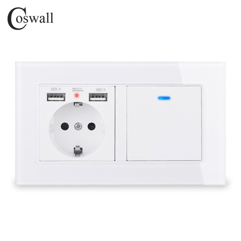 COSWALL Russia Spain EU Standard Wall Socket 2 USB Charge Port + 1 Gang 1 Way On / Off Light Switch LED Indicator Glass Panel ► Photo 1/3