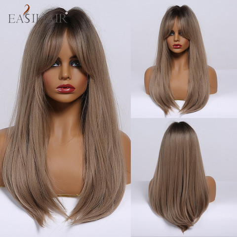EASIHAIR Ombre Brown Long Straight Wigs with Bangs Synthetic Wigs Heat Resistant Lolita Cosplay Daily Natural Hair Wig for Women ► Photo 1/6