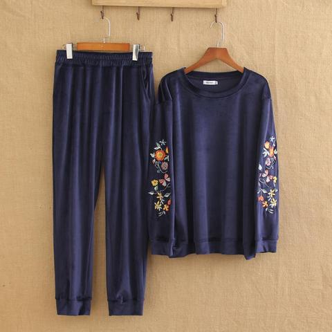 Plus-size Spring and Autumn Wear New Sports and leisure suit large embroidery gold velvet two-piece suit ► Photo 1/6