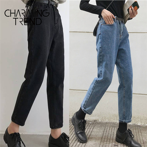 Women‘s Jeans Pant Black Korean Crop Jeans Girls Students Vintage Solid Long Pants Fit Female High Waist Denim Pants Women ► Photo 1/6