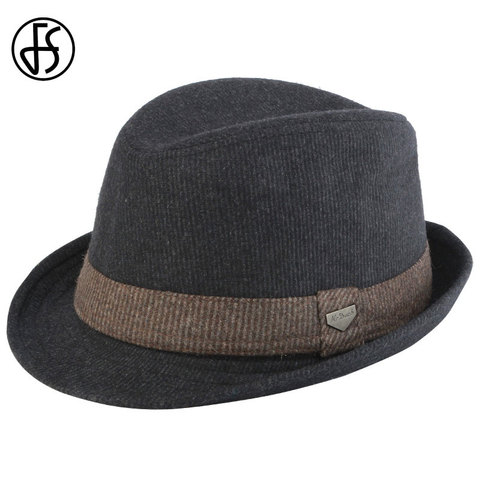 FS Vintage Black Wool Felt Wide Brim Fedora Hats For Men Striped Gangster Trilby Hat Autumn Winter Panama Jazz Cap Chapeau Homme ► Photo 1/6