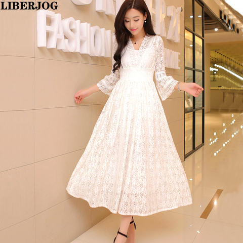 LIBERJOG Women Dress Lace V-neck Vintage Sexy White Elasticity Waist Flare Sleeve Loose Beach Vestidos Woman Spring Autumn ► Photo 1/6