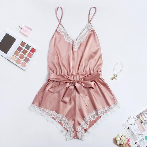 Sexy romper elegant bodysuits satin pajamas belt playsuit casual  holiday body mujer jumpsuits comfy nightdress ► Photo 1/6