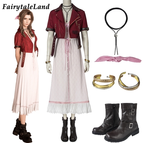 Adult Aerith Gainsborough Costume Cosplay Final Fantasy Remake Halloween Outfit Fancy Women Red Jacket Pink Dress ► Photo 1/6