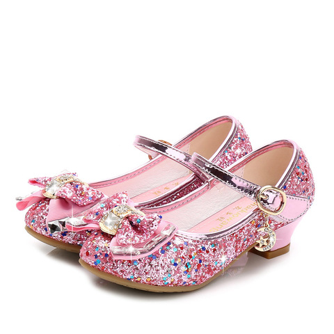 Princess Kids Leather Shoes for Girls Flower Casual Glitter Children High Heel 2022 Girls Shoes Butterfly Knot Blue Pink Silver ► Photo 1/6