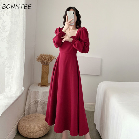 Long Sleeve Dress Women Holiday Elegant Ankle-length Female Square Collar Simple Trendy Korean Style Leisure Streetwear Slim Ins ► Photo 1/6