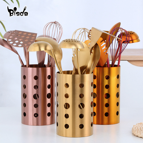 1/7pc Stainless Steel Kitchen Utensils Chopsticks Tube Soup Ladle Colander Set Gold Cooking Tool Set Egg Stirrer Kitchenware Set ► Photo 1/6