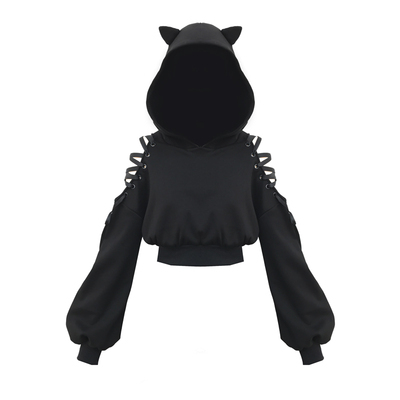 Ruibbit New Autumn Winter Women Punk Gothic Girls Black Velvet Hoodies Hollow Out Long Sleeve Hooded Sweatshirt Casual Pullover ► Photo 1/6