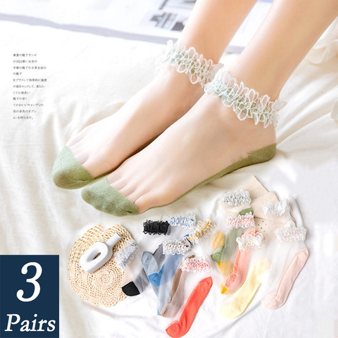 6 pieces = 3 pair Socks Women's Ankle Non-slip Socks For Women Transparent Invisible Socks Summer Lace Elastic Sheer Thin Socks ► Photo 1/6