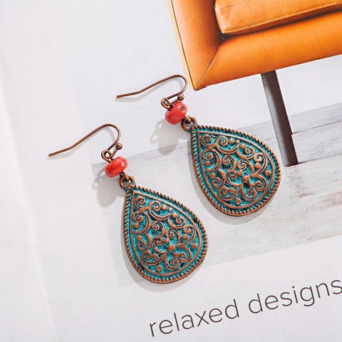 2022 Women's Retro Water Drop Shape Carved Earrings Ethnic Antique Flowers Gypsy Earrings For Women Oorbellen Hangers ► Photo 1/6