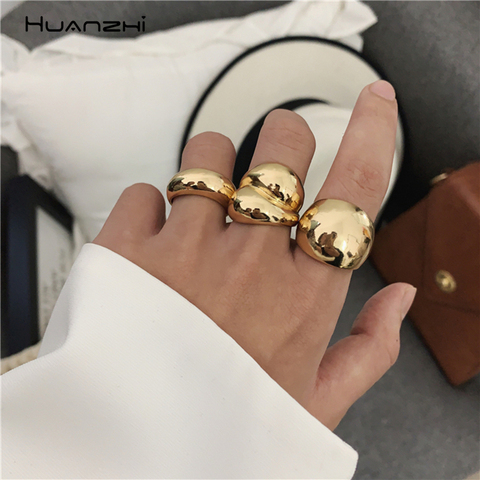 HUANZHI 2022 Gold Color Silver Color Metal Minimalist Glossy Wide  Open Rings Geometric Finger Rings for Women Men Jewelry ► Photo 1/6