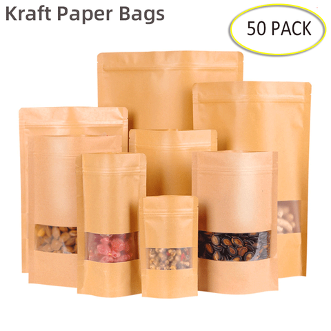 50pcs Kraft Paper Bags Zip Lock Brown With Window Stand Up Resealable Grip Ziplock Pouches Tea Coffee Bean Candy Packaging Food ► Photo 1/6