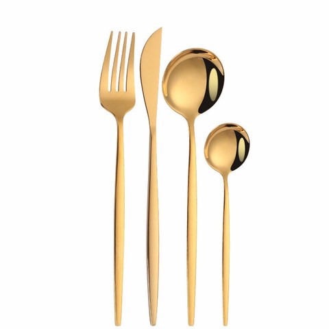 Mirror Golden Stainless Steel Cutlery Set Children's Fork Knife Soup Dessert Ice Spoon Complete Dinner Dinnerware Set Chopsticks ► Photo 1/6
