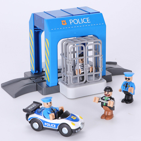 Simulation Police Station Compatible Brand Wooden Train Track Railway Toy Police Catch Thief Building Block Set Toys for Kids ► Photo 1/5