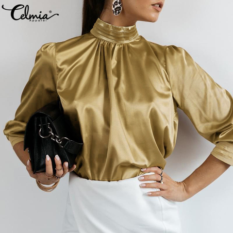 Celmia Plus Size 5XL Women Satin Blouses Elegant Tops Fashion Solid High Collar Silk Shirts Long Sleeve Party Blusas Femininas ► Photo 1/6