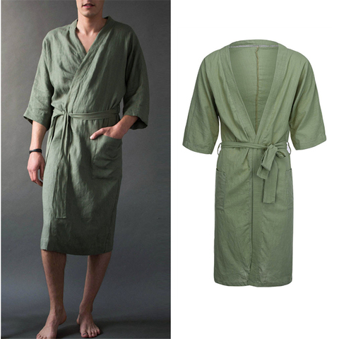 Men's Bathrobe Sleepwear Solid Linen Spa Bathing Nightgown Japanese Style Kimono Collar Male Robe Leisure Thin Night Gowns ► Photo 1/6