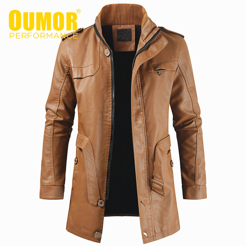 Oumor Men Autumn Fashion Long Warm Fleece Leather Jacket Coat Men Winter Casual England Style Vintage Leather Jacket Parkas Men ► Photo 1/6