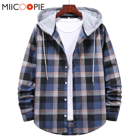 Mens Plaid Hooded Checked Flannel Shirt 2022 Casual Loose Long Sleeve Blouse Tops Men Chemise Homme Social Shirt Jacket Clothes ► Photo 1/6