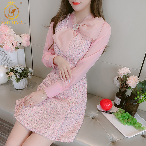 SMTHMA New Fashion Patchwork Thick Woolen Diamonds Bow Tie Tweed Dresses Winter Women Long Sleeve Elegant Pink Vestidos ► Photo 1/6
