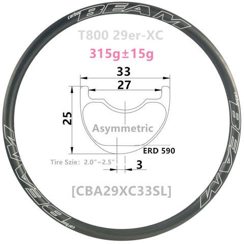 [CBA29XC33SL] Asymmetric 315g 33mm Width 25mm depth 29er Carbon rim Mountain Bike wheel Tubeless XC 29er carbon mtb rims ► Photo 1/6