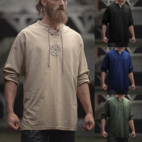Medieval Viking Pirate Linen Top Shirt Costume Mens Nordic Warriors Retro T-shirt Beard Cosplay Tee Embroidery For Adult 4XL 5XL ► Photo 1/6