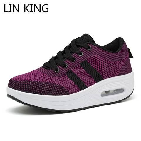 LIN KING Breathable Air Mesh Women Ankle Swing Shoes Lace Up Casual Sneakers Wedges Height Increase Platform Shoes For Female ► Photo 1/6